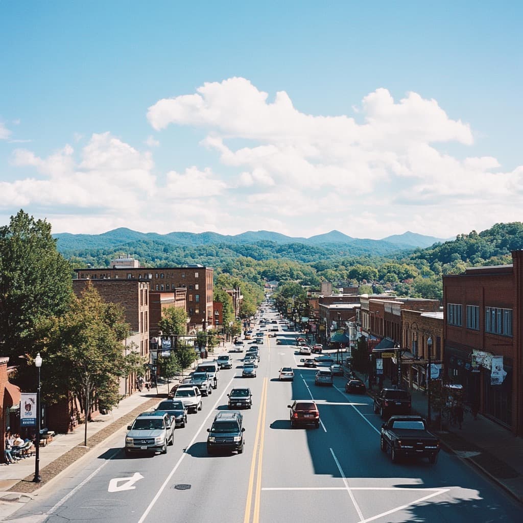 Asheville skyline and mountains at dusk